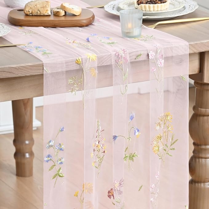 Artoid Mode Wildflower Floral Light Pink Gauze Embroidery Table Runner 120 Inch by ArtoidMode