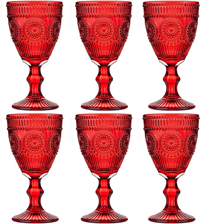 Red Vintage Wine Glasses Set of 6, 10 Ounces Colored Glass Water Goblets by XKXKKE