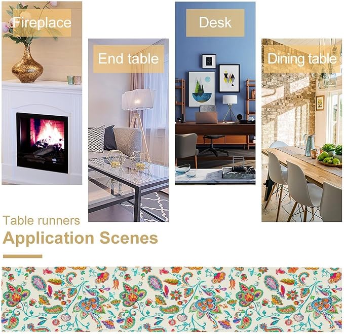 Paisley Table Runner, Watercolor Floral Oriental Indian Traditional Tulips - Image 5