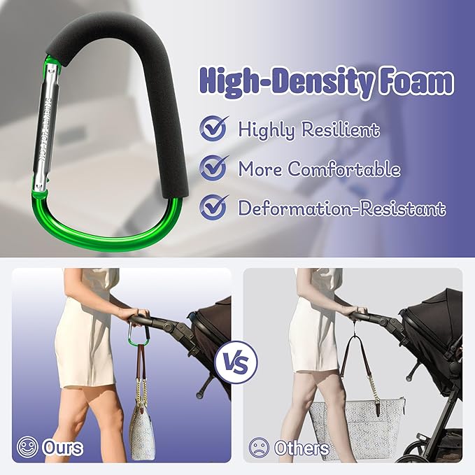 sprookber 6.7 Inch Large Stroller Hooks for Diaper Bags & Purses, Heavy Duty Mommy Hooks for Shopping, Grocery, Backpack – Baby Stroller Accessories, Set of 2 (Green)