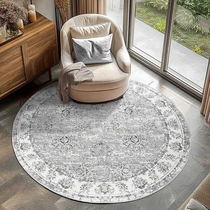 jinchan Round Rug 4ft Area Rugs Vintage Floral Distressed Design - Machine Washable Non-Slip Low-Pile Ultra-Thin Circle Rug for Entryway Bedside Living Room Dining Room Bedroom (4' Round,Grey)