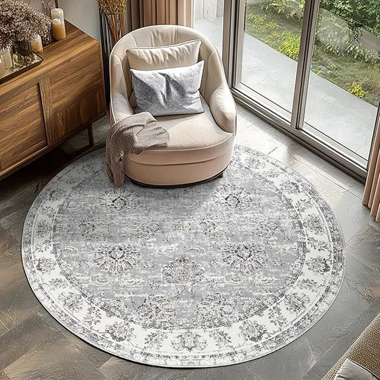 jinchan Round Rug 5ft Area Rugs Vintage Floral Distressed Design - Machine Washable Non-Slip Low-Pile Ultra-Thin Circle Rug for Entryway Bedside Living Room Dining Room Bedroom (5' Round,Grey)