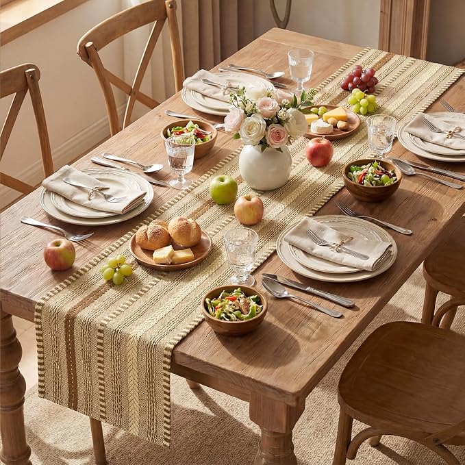Artoid Mode Coffee Farmhouse Stripe Braided Table Runner 12x90 Inch | Holiday - Image 5