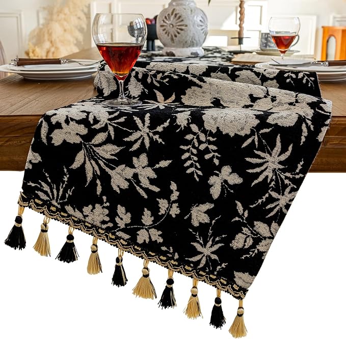 Floral Jacquard Dining Table Runner Black 13 x 82 Inch | Jacquard Flower by HomeyHo
