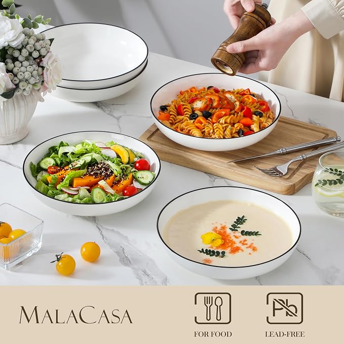 MALACASA 8.85" Large Pasta Bowls, 42 OZ White Salad Bowls Soup Bowls, Porcelain - Image 3
