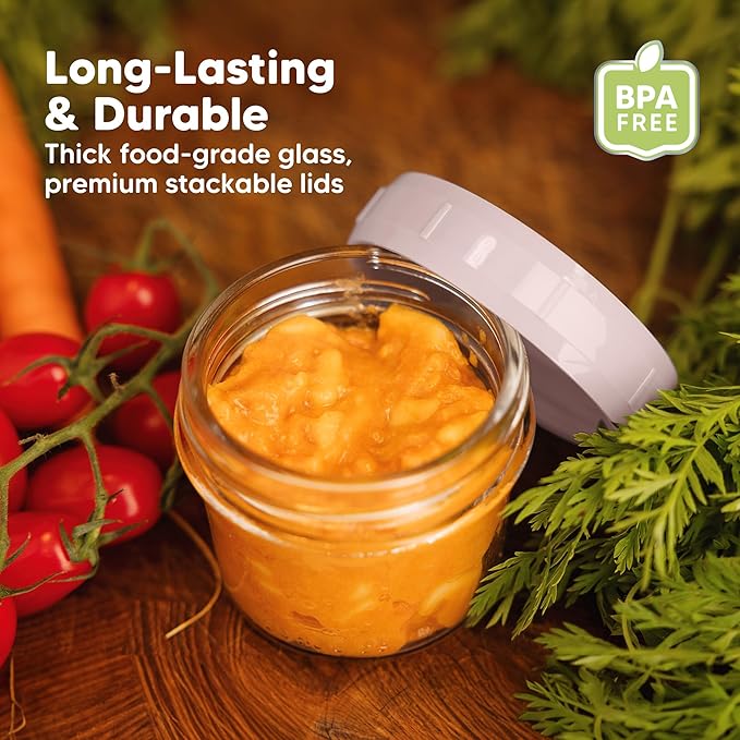 KeaBabies 12pk 4oz Glass Baby Food Containers with Lids - Leak-Proof, Microwavable Small Glass Jars, Baby Purees & Toddler Snack Storage Containers, BPA-Free, Dishwasher & Freezer Safe (Musk Dusk)