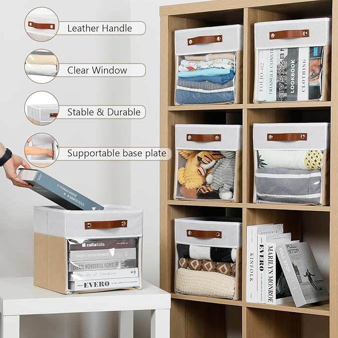 HNZIGE 11 Inch Foldable Fabric Storage Cubes - Clear Bins for Shelves, Canvas Cube Organizer Bins (White Beige 6 PCS)