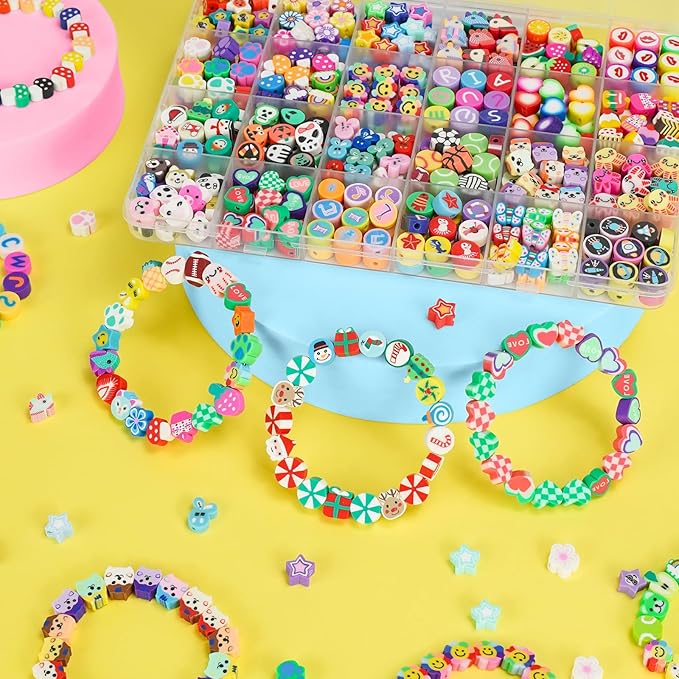 Gionlion 500 Pcs Polymer Clay Beads Bracelet Making Kit，24 Style Animal Fruit Flower Butterfly Bunny Pony Letter Beads Charms for Jewelry Making, DIY Art and Crafts Toys Gifts for 4+ Year Old Kids