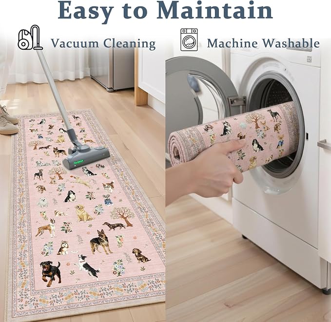 Floral Dog Machine Washable Rug Pink, 3x5 Rug Non Slip Soft Bedroom Rugs - Image 6