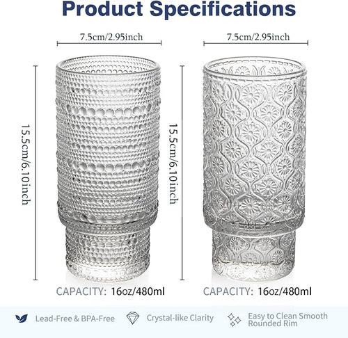 16oz Drinking Glasses Set of 4, 2 Hobnail Glasses & 2 Embossed Water Goblets - Image 2