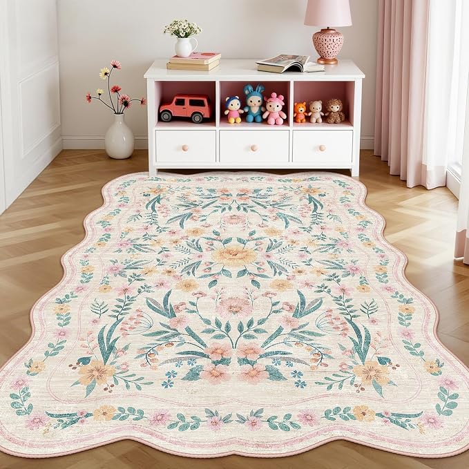 Scalloped Pink Floral Rug 6x9, Washable Soft Faux Wool Area Rug - Image 6