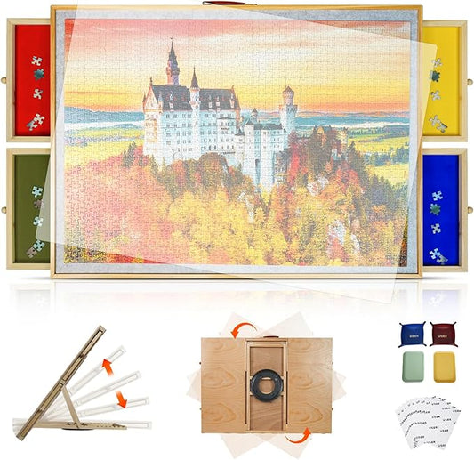 Elegant Wood Grain 2-in-1 Rotating & Tilting Puzzle Board 1500 Pieces, 36"x26" Wooden Board with Drawers, Lazy Susan Base, Cover, Storage Trays & Handle, Gift for Adults & Seniors