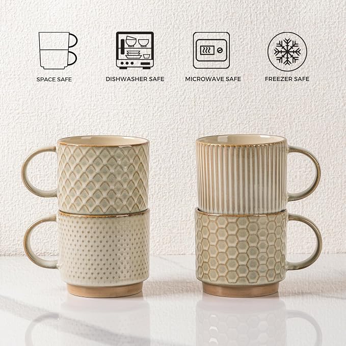GBhome 15 OZ Stackable Coffee Mugs Set of 4, Ceramic Coffee Cups Set | 4 - Image 8