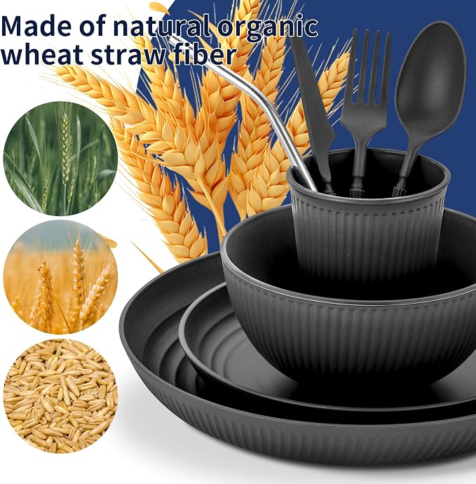 Wheat Straw Dinnerware Sets, 64-Piece Black Plates and Bowls Sets - Image 5