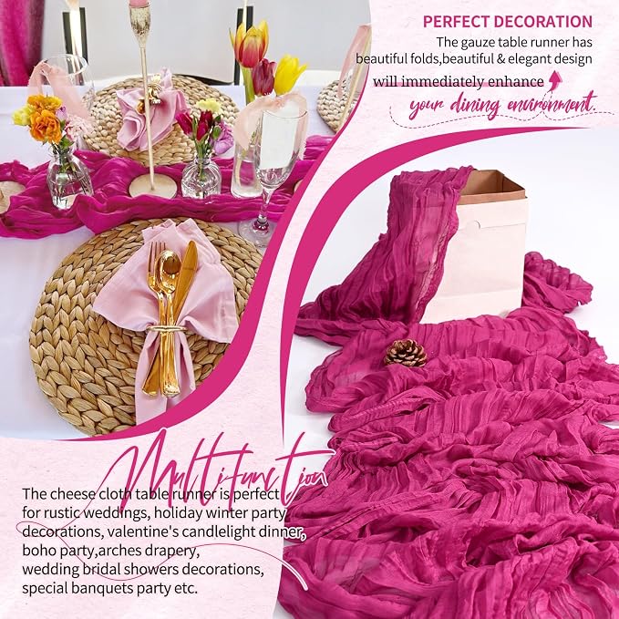 30 Pack Cheesecloth Table Runner 10FT Fuschia Table Runner Boho Gauze Cheese - Image 6
