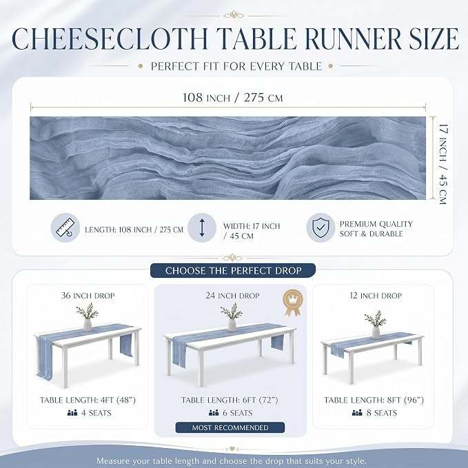 12 Pack Dusty Blue Cheesecloth Table Runner 17x108 Inch Boho Rustic Semi Sheer - Image 3