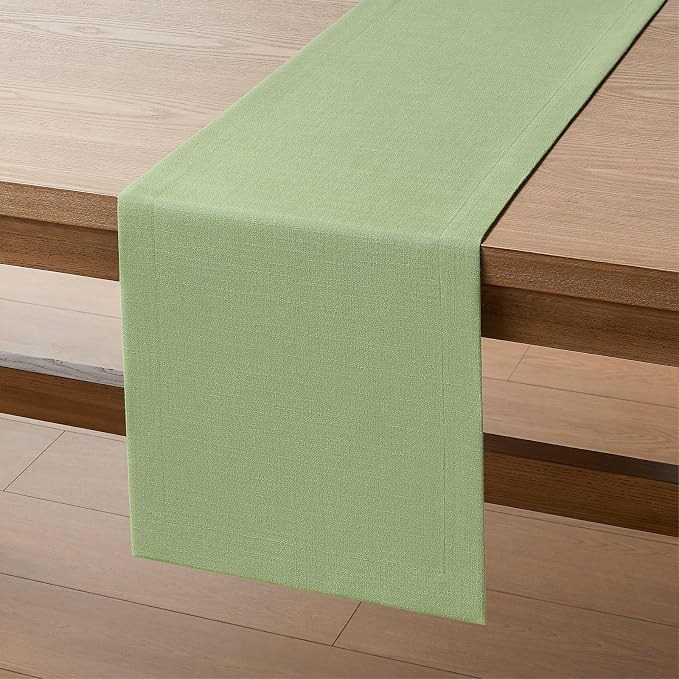Linen Textured Border Table Runner, 14 x 48 Inch Green | Mitered Corner Design - Image 7