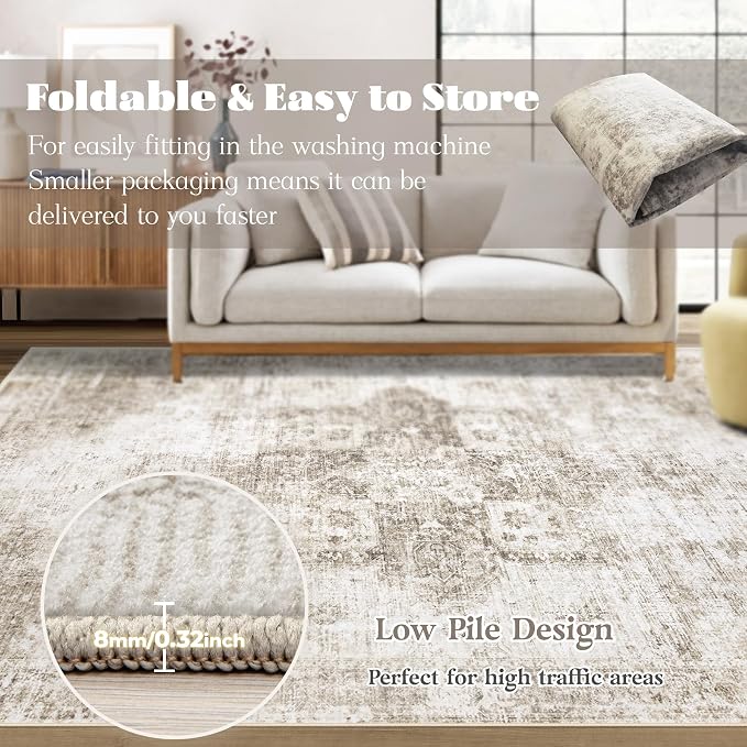 Area Rug 5x7 Washable Rug, Vintage Boho Medallion Rugs Non-Slip Soft Low Pile - Image 7
