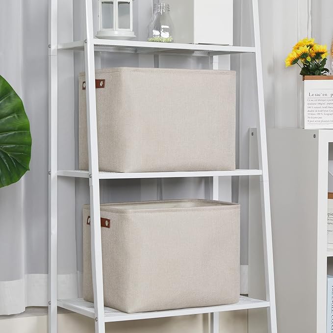 DULLEMELO 2-Pack Large Storage Baskets for Organizing 16"x12"x12" Canvas Fabric Storage Basket Bins With Leather Handles for Shelf Clothes Empty Gift Basket (Beige)