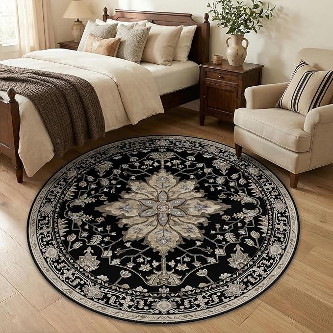 RELEANY Area Rugs Round 5ft Washable Non-Slip, Floral Vintage Distress by RELEANY