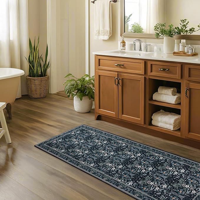 Joydeco Floral Washable Runner Rug for Kitchen, Forest Hallway Rug Runner 2x6 Non Slip, Boho Botanical Ultra-Thin Soft Indoor Floor Throw Carpet for Bathroom Entryway Foyer, Blue-Black