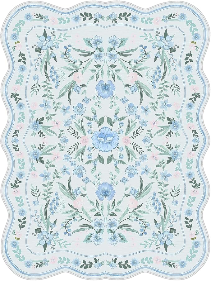 Scalloped Blue Floral Rug 6x9, Washable Soft Faux Wool Area Rug - Image 6