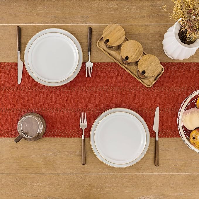 Macrame Style Boho Table Runner, 12x90 Inch Dark Orange | Woven Boho Table - Image 4