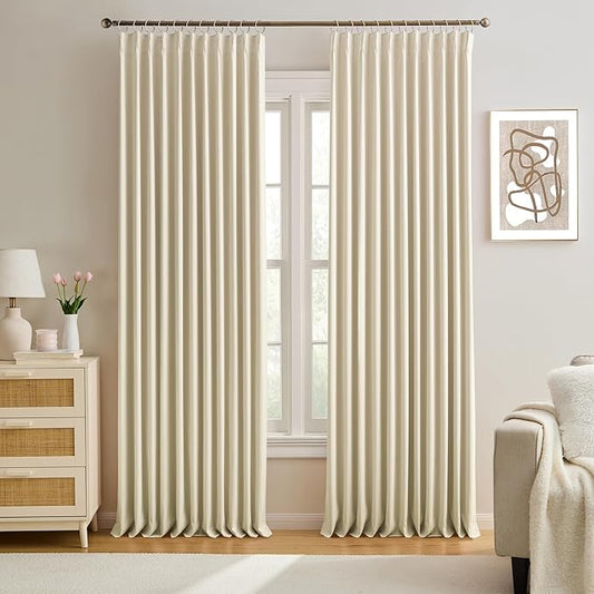 KEQIAOSUOCAI Cream Beige Curtains 72 inch Wide x 108 inch Long 2 Panels - Thermal Room Divider Curtains for Bedroom/Living Room/Patio, Wide Width Pinch Pleated Ceiling Track Curtain Panel with Hooks