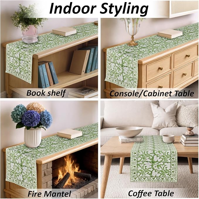 Sage Green Hand Block Print 100% Cotton Table Runner 16x106 Inch | Perfect - Image 6