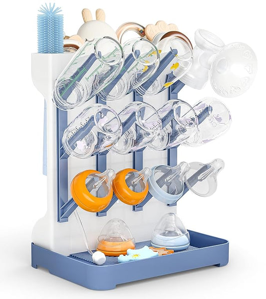 GoMaihe Baby Bottle Drying Rack: Space Saving Vertical Bottle Dryer Holder - Baby Accessories Storage Stand Organize Brushes Pacifiers on Countertop - BPA-Free - Blue
