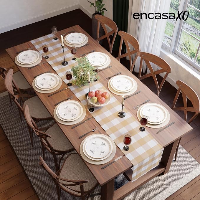 Encasa XO Table Runner, Woven Cotton Dining Runner 13"x59" Buffalo Beige Checks - Image 4