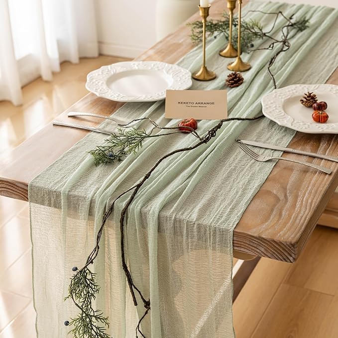 10Pcs Sage Green Cheesecloth Table Runner 120 Inches by KEKETOARRANGE