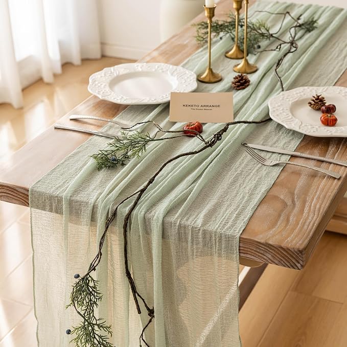 Sage Green Cheesecloth Table Runner 120 Inches by KEKETOARRANGE