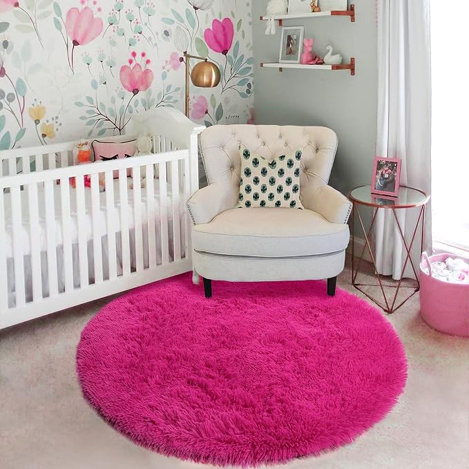 Hot Pink Round Rug 4Ft for Girls Bedroom, Fluffy Circle Area Rugs for Kids Room - Image 7