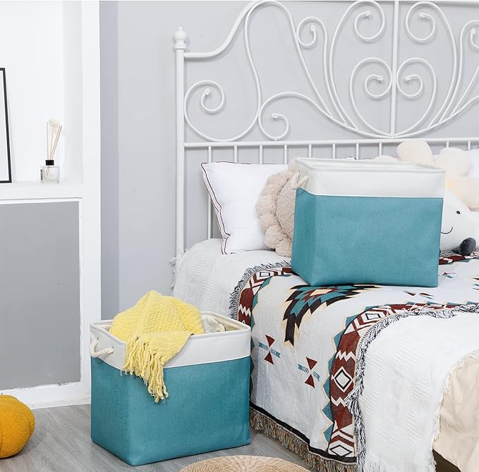 Bidtakay Storage Baskets Extra Large 17x12x15 In Teal Blue Nursery Toy Baskets Fabric Long Shelf Baskets for Organizing Set of 2 Linen Closet Bins for Shelves Decorative Blanket Basket Living Room