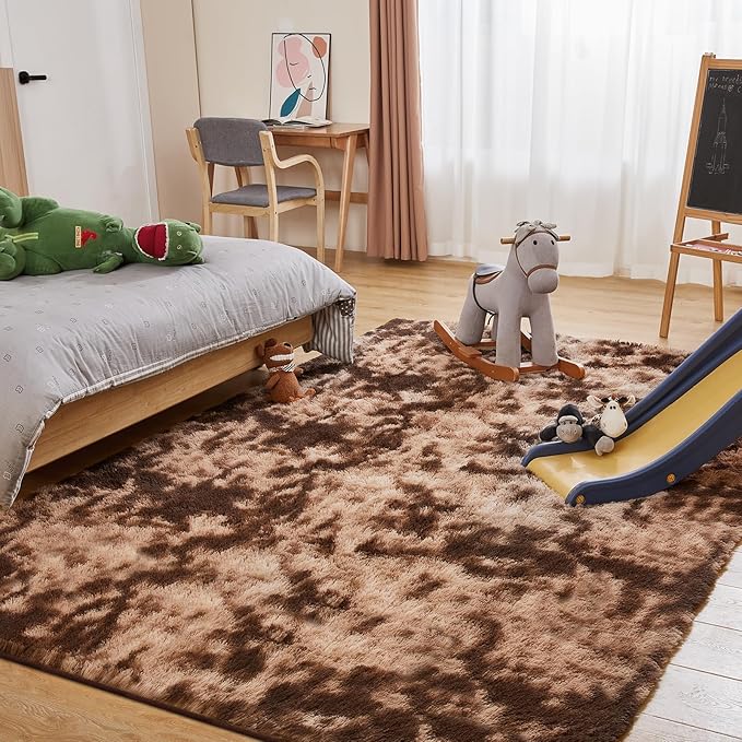 Fluffy Shag Area Rug, 4x5.8 Tie-Dyed Brown Rugs for Bedroom, Soft Plush Area Rugs for Living Room, Non-Slip Indoor Carpet for Nursery, Study Room, Dressing Room, Home Decor