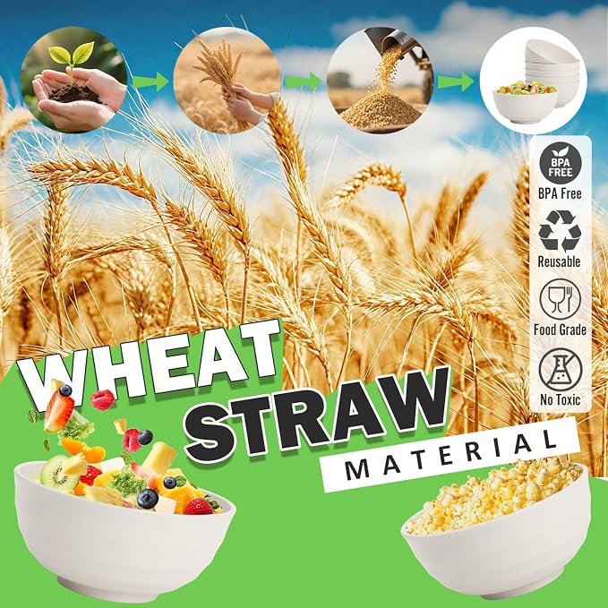 Large Salad Bowl, Wheat Straw Bowls Set 60 OZ, Unbreakable Big Bowls Set of 6 - Image 4