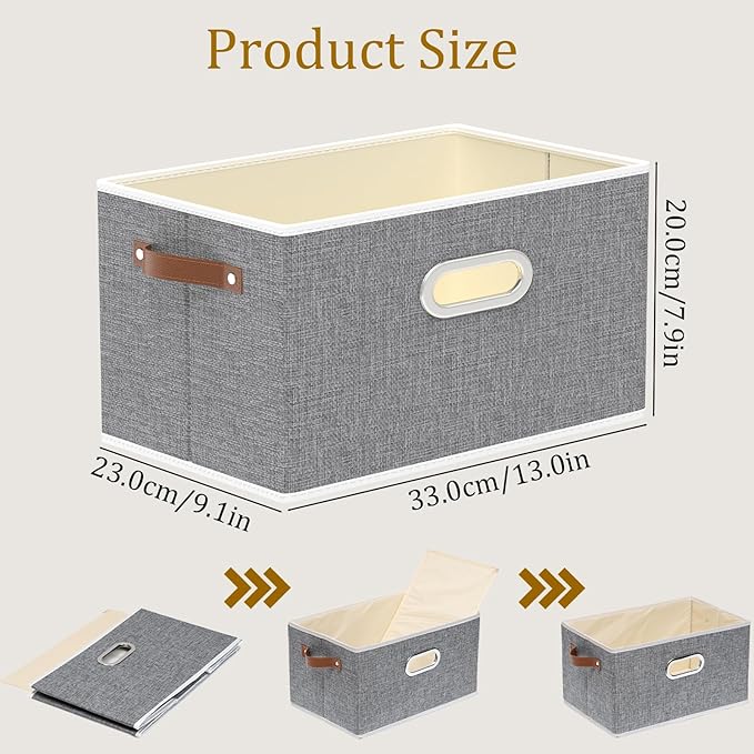 Yawinhe Fabric Storage Baskets, Foldable Closet Organizer for Shelves, Large Boxes with 3 Handles, Canvas Bins for Clothes, Grey, 12.99''Lx9.05''Wx7.87''H, 4-Pack
