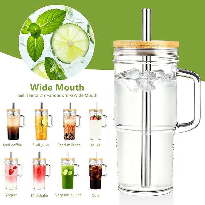 Birity Glass Cups with Lids and Straws, 24oz Glass Tumbler With Handle - Image 3
