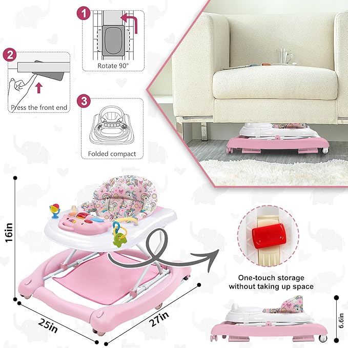 Foldable Baby 5-in-1 Activity Walker - Rocker, Activity Center, Bouncer, Seat Walker, Push Walker - Adjustable Speed Rear Wheels and Height Toys Ages 6-18 Months… (Pink)