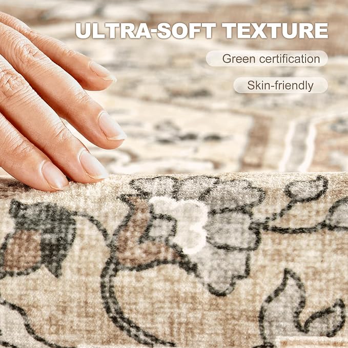 10x14 Washable Area Rug: Vintage Neutral Soft Non Slip Thin Large Floor Carpet - Image 4