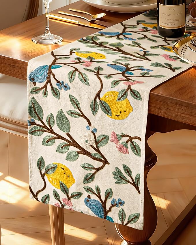 Canvas Embroidered Narrow 13"x 108" Table Runner, Lemon Bird | Exquisite by Kokaaee