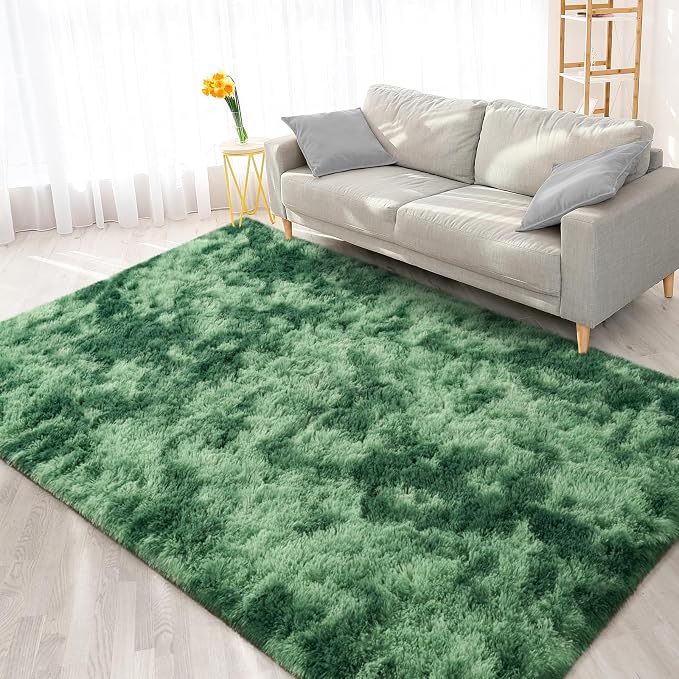 FlyDOIT Large Area Rugs for Living Room, 4x6 Feet Tie-Dyed Green Shaggy Rug - Image 8