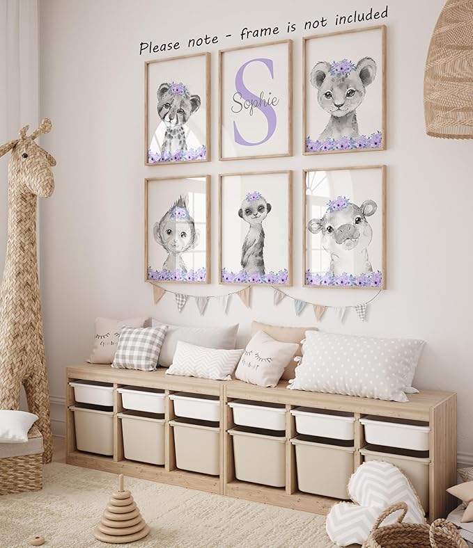 Personalized Safari Animals for Baby Girls Nursery Bedroom Unframed Set of 6 Poster Prints, Personalized Name Pink Purple Flowers Wall Art Decor New Baby Gift Present, Elephant Giraffe Panda Zebra Lion (8x10)