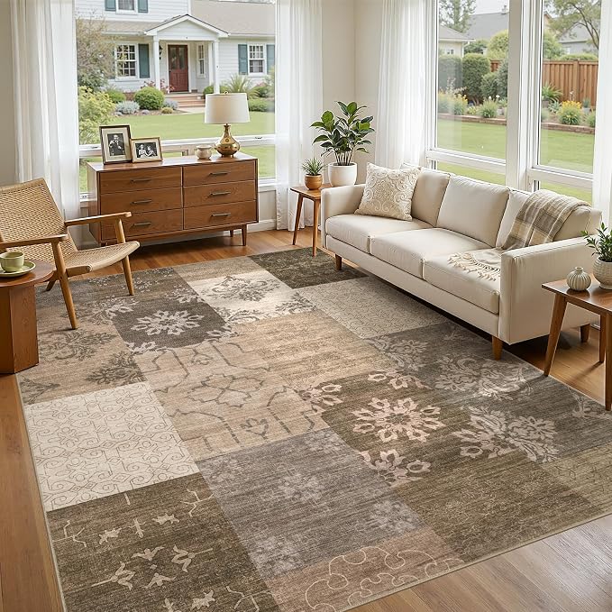 UERMEI 8x10 Area Rug for Living Room, Washable Brown Modern Geometric Patchwork - Image 2
