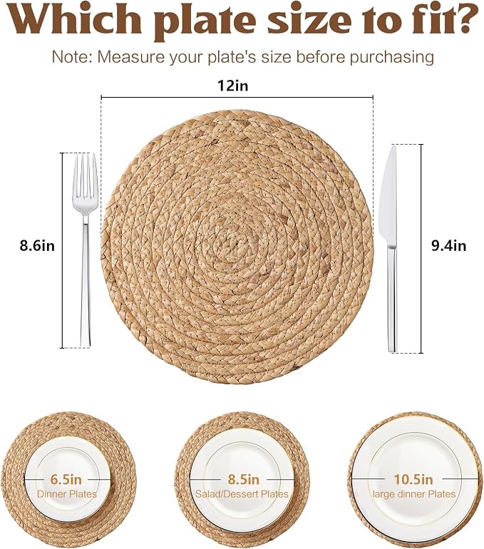 Aofmee 12 inch Round Woven Placemats Set of 6, Boho Rattan Place Mats, Natural - Image 2