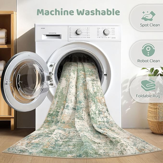 12x15 Area Rug Living Room: Washable Large Abstract Soft Green Rug Stain - Image 2