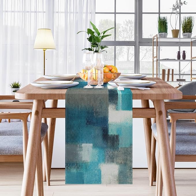 Emvency Table Runner, 13x72 Inch, Abstract Modern Farmhouse | Teal Grey Dining - Image 3