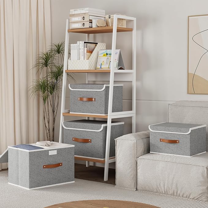 Yawinhe Collapsible Storage Bin, Cube Organizer Basket, Fabric Box with Lids, Washable and Leather Handle, for Home, Closet, Grey, 15.0''Lx9.8''Wx9.8''H, 1-Pack, USNK024GL-1