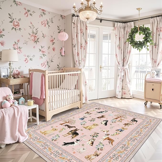 Area Rug 4x6 Pink Rug, Washable Dog Rugs Non Slip Low Pile Floral Small Carpet by WelcometoBabovid